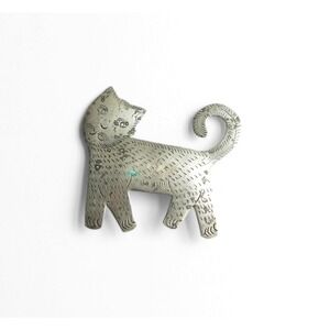 Vintage Cat Brooch Pin Etched Silver Metal